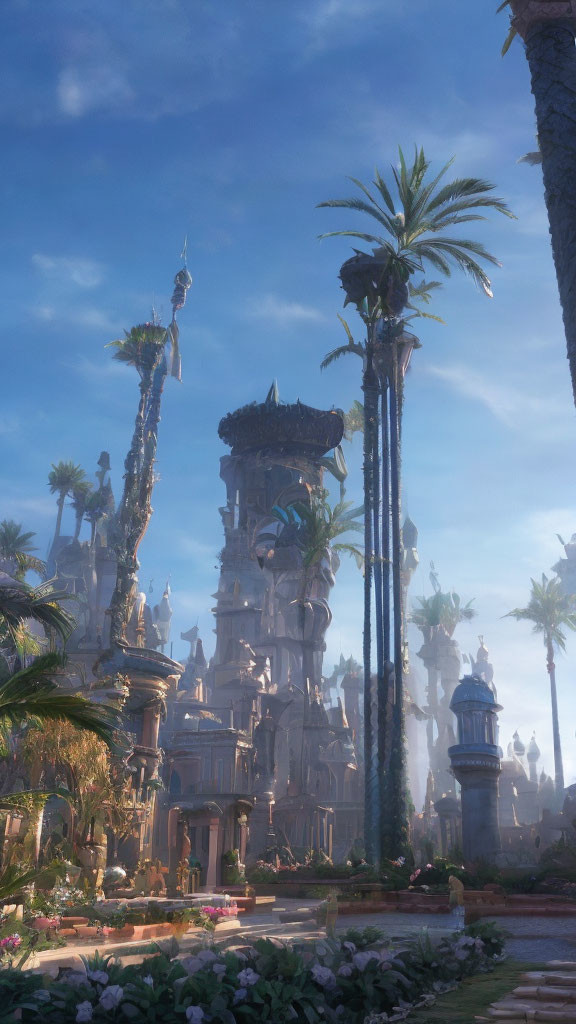 Ancient civilization fantasy city with tall ornate towers and palm trees under blue sky