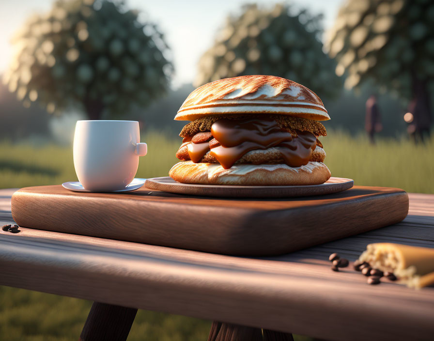 Burger with Runny Egg and Sauce on Wooden Table with Coffee Cup and Beans