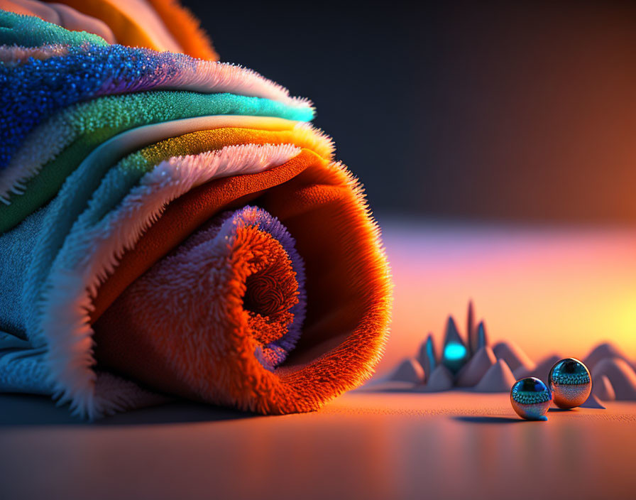 Colorful Rolled-Up Towel on Abstract Background with Spherical and Spiky Shapes