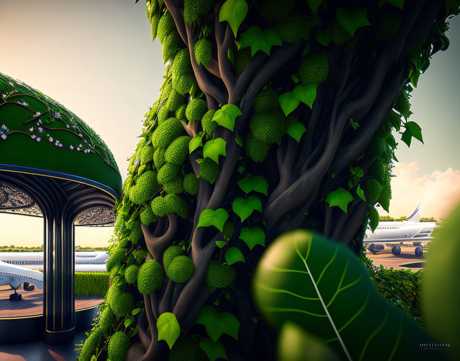 Green tree trunk and foliage by futuristic train station with sleek trains.