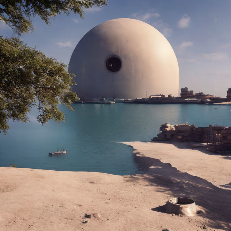 Giant spherical structure by tranquil blue sea and sandy shore