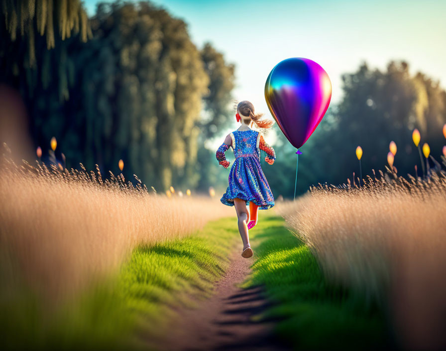 Young girl in dress holding colorful balloon runs on sunlit path