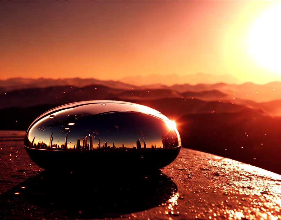 Crystal Ball Reflects City Skyline at Sunset with Mountains