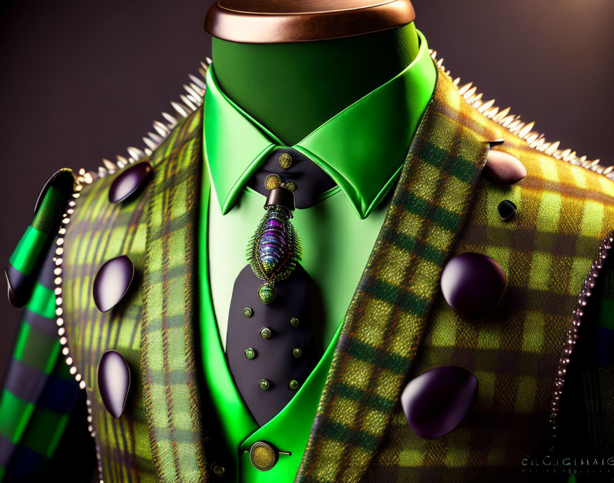 Mannequin in green tartan suit with spiked shoulder accessory