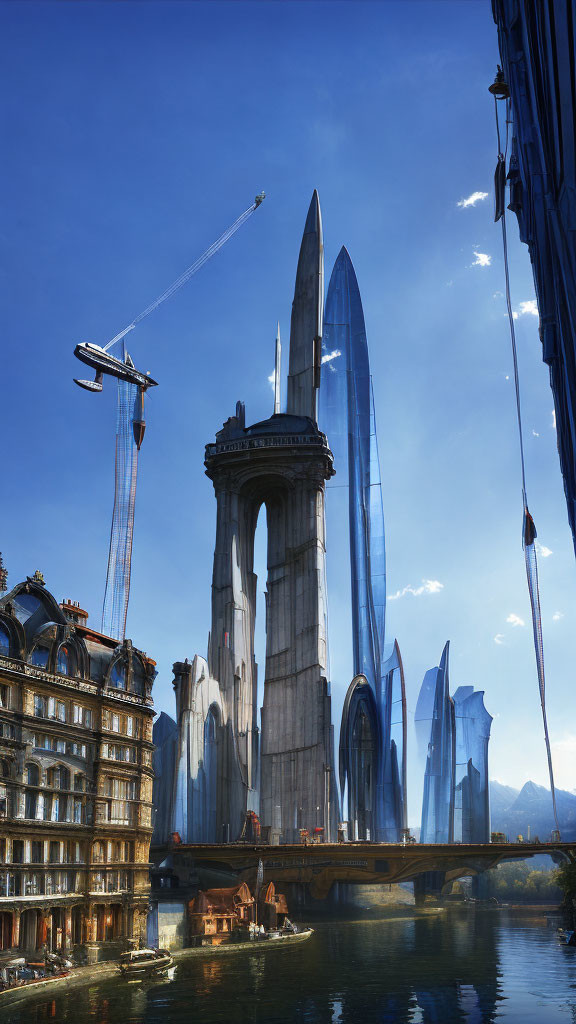 Futuristic cityscape with classic and modern architecture, glass towers, river, and cranes