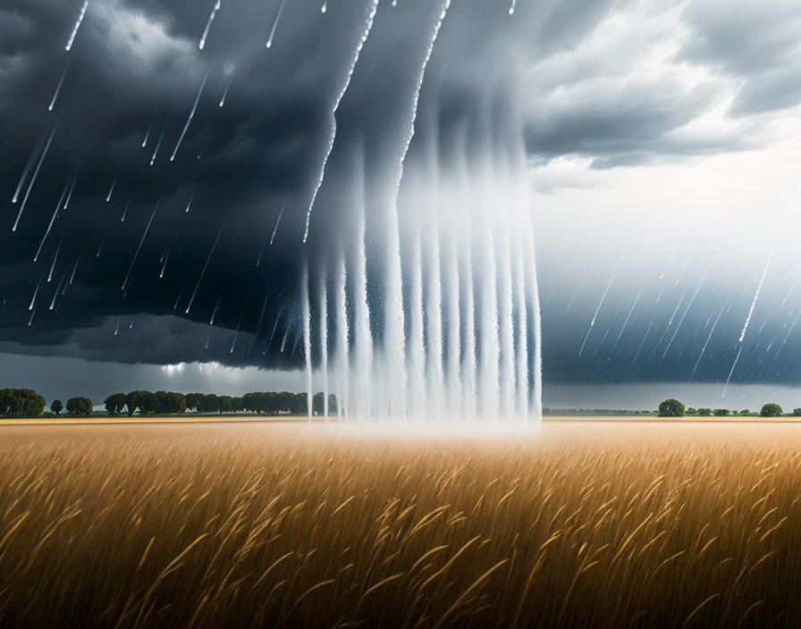 Dramatic wheat field under stormy sky with heavy rain streaks