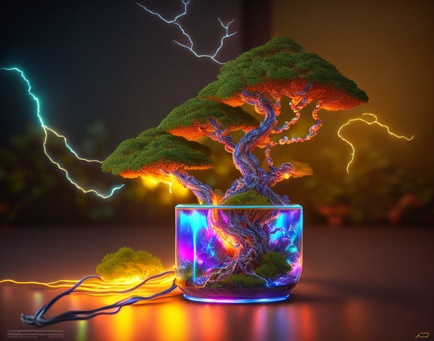 Luminous twisted trunk bonsai in glass pot with dynamic lightning