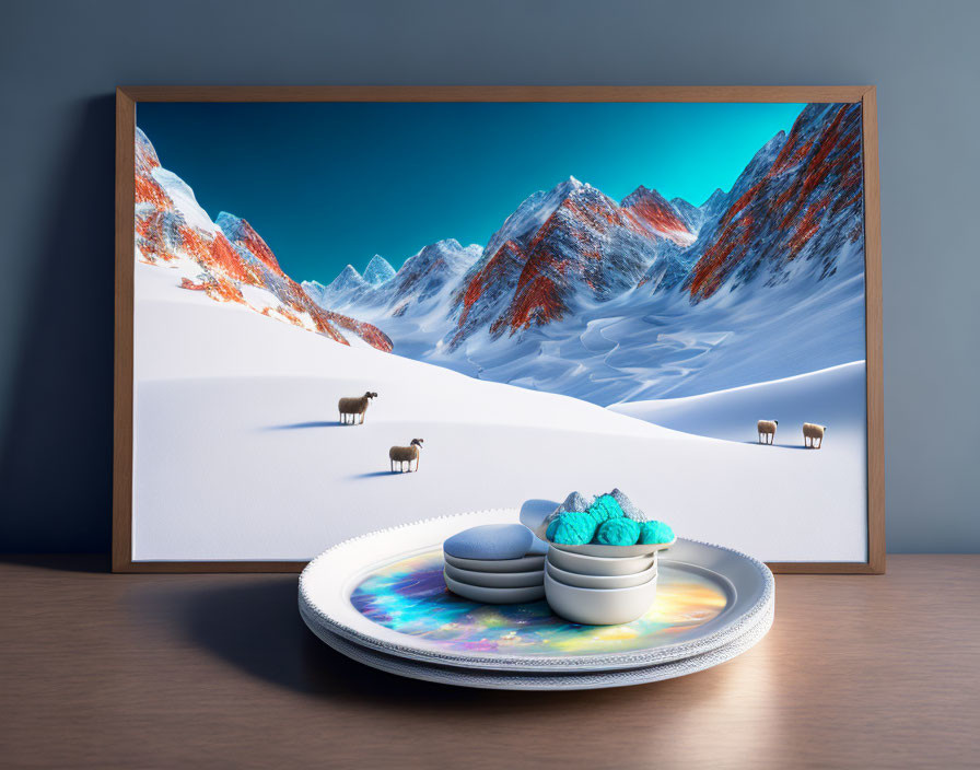 Surreal snowy mountain landscape with sheep, macarons, and swirl-patterned bowl