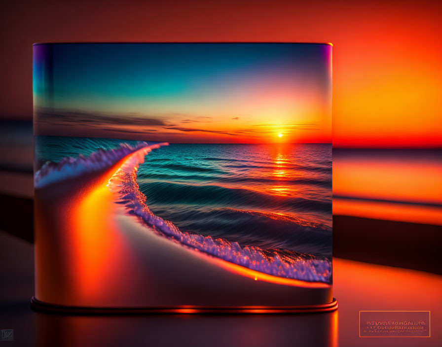 Vibrant ocean sunset painting with orange, red, and blue hues on curved canvas