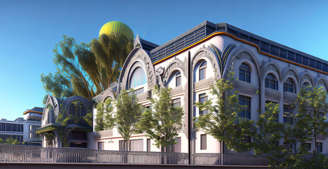 Modern building with traditional arches, blue sky, lush trees, and sunlight on facade