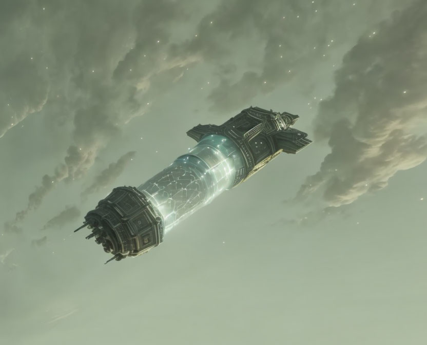 Futuristic airship with glass center and ornate metal ends in cloudy sky.