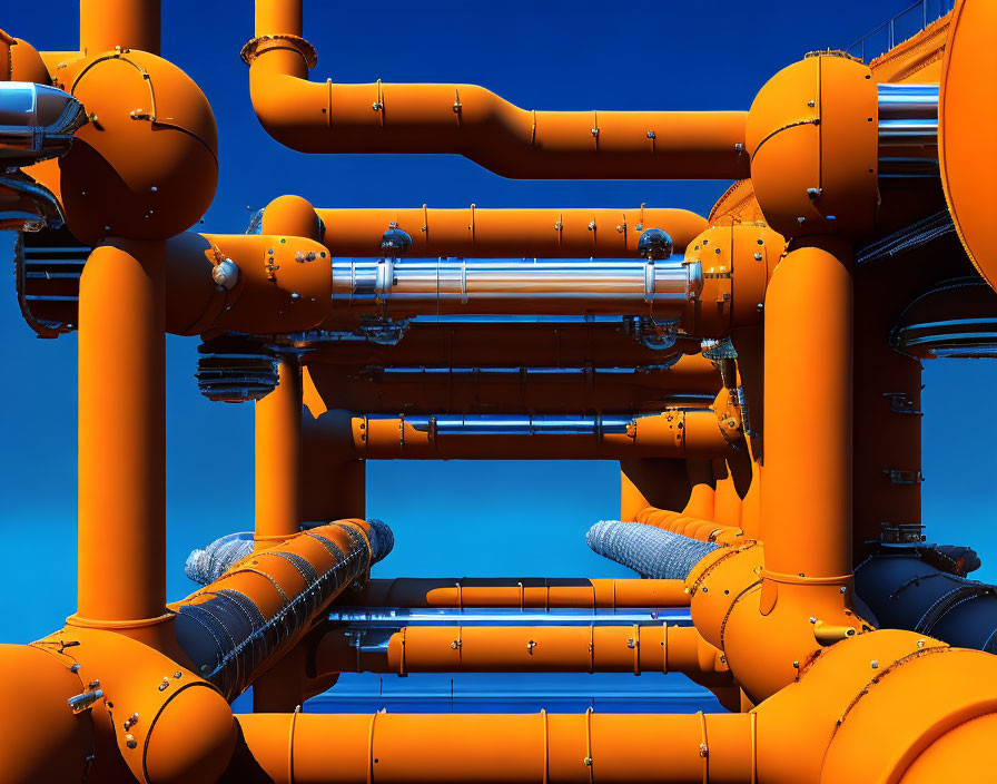 Bright orange industrial pipes against clear blue sky.