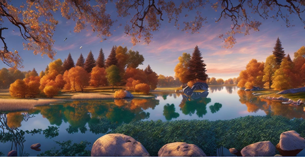 Tranquil Autumn Landscape with Reflective Lake and Colorful Trees