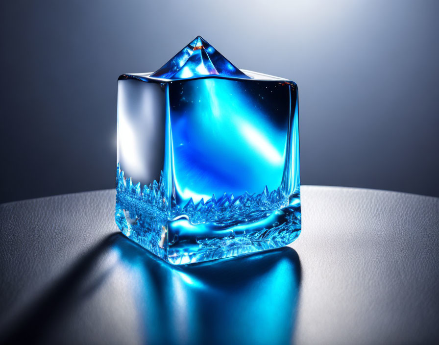 Transparent ice cube with blue mountain landscape reflection