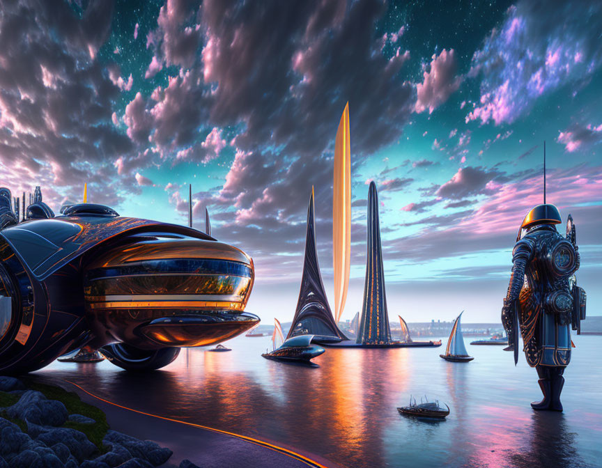 Sleek futuristic cityscape with hovering car and figure in advanced armor