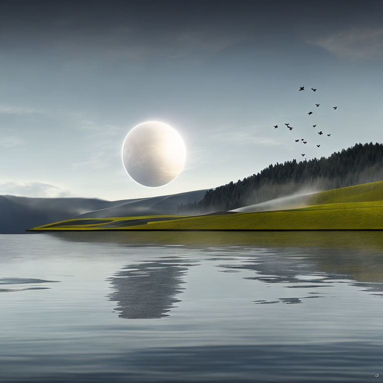 Tranquil landscape with moon, misty lake, green hills, forest, and birds in flight