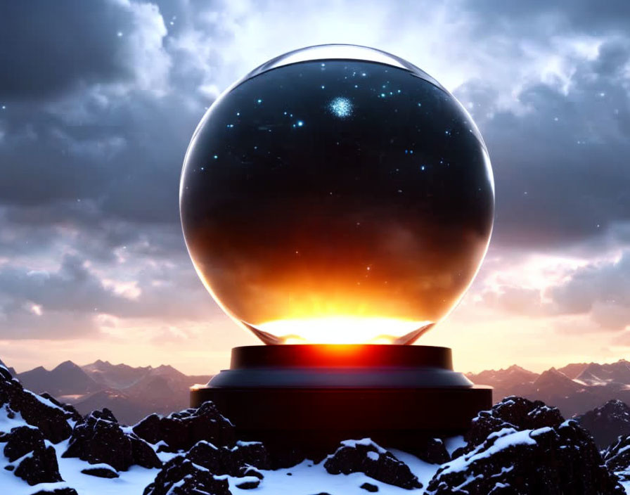 Crystal Ball with Starry Galaxy on Pedestal in Snowy Mountain Sunset