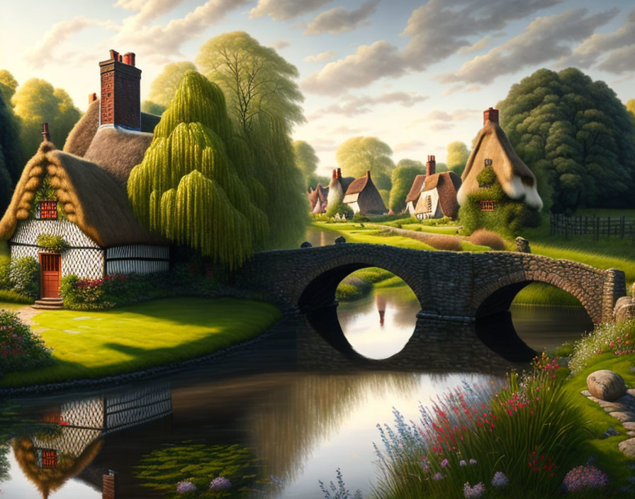 Thatched cottages, stone bridge, river, greenery, flowers under warm light