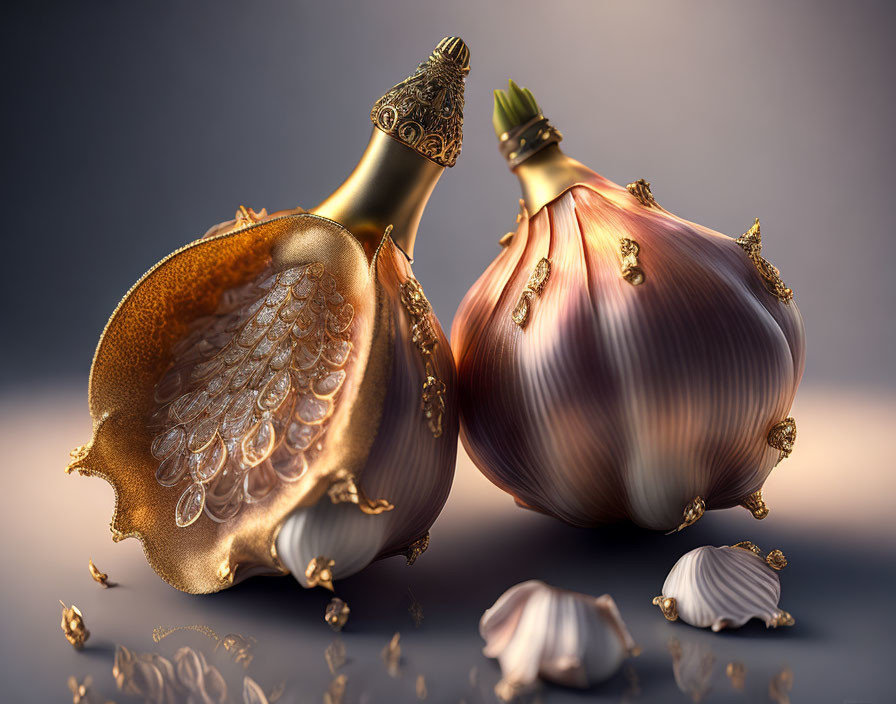 Fantastical garlic bulbs with sliced open detail in elegant setting