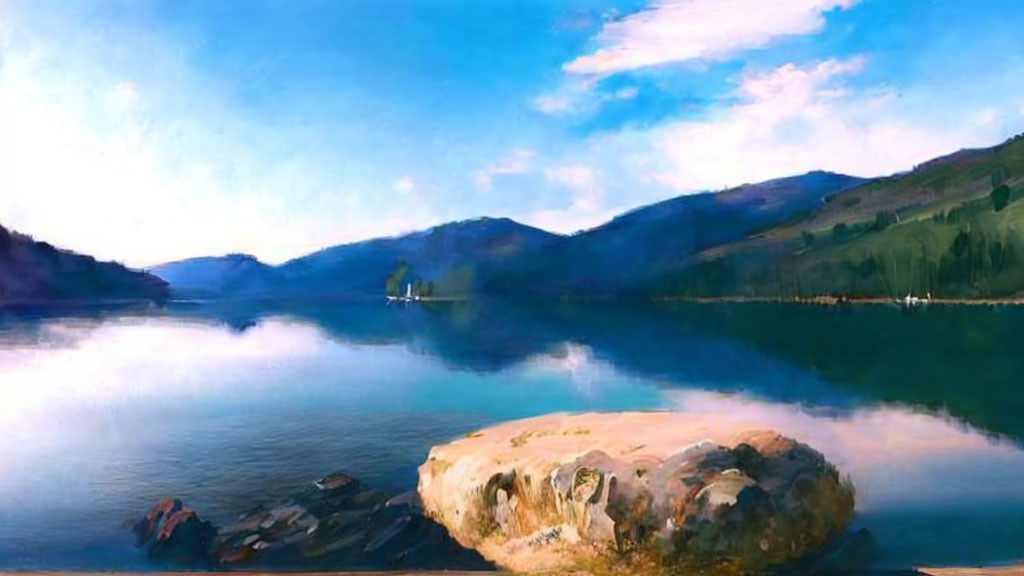 Serene lake landscape with boulder, calm waters, and rolling hills