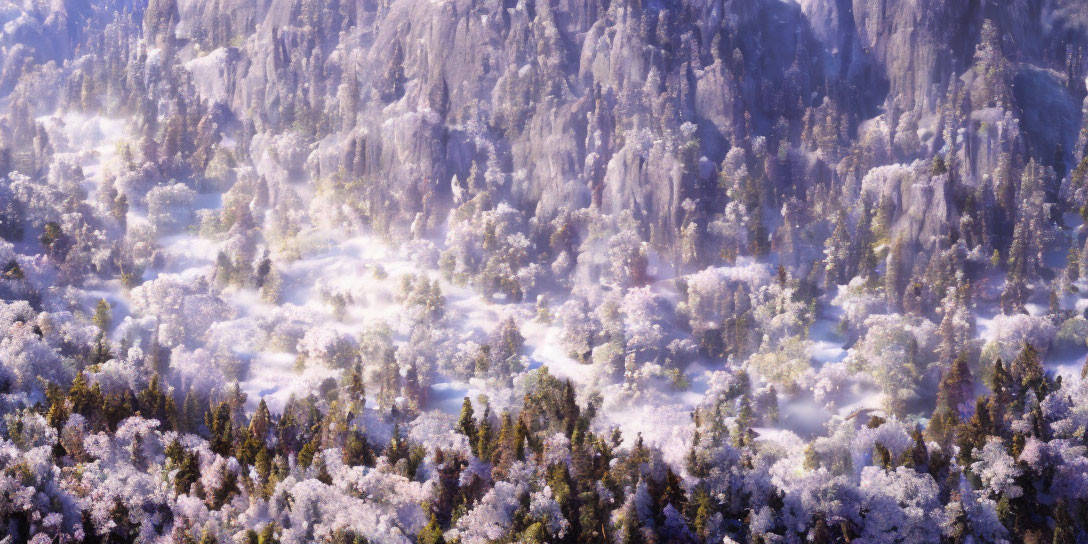 Serene frost-covered forest with mist and soft morning light