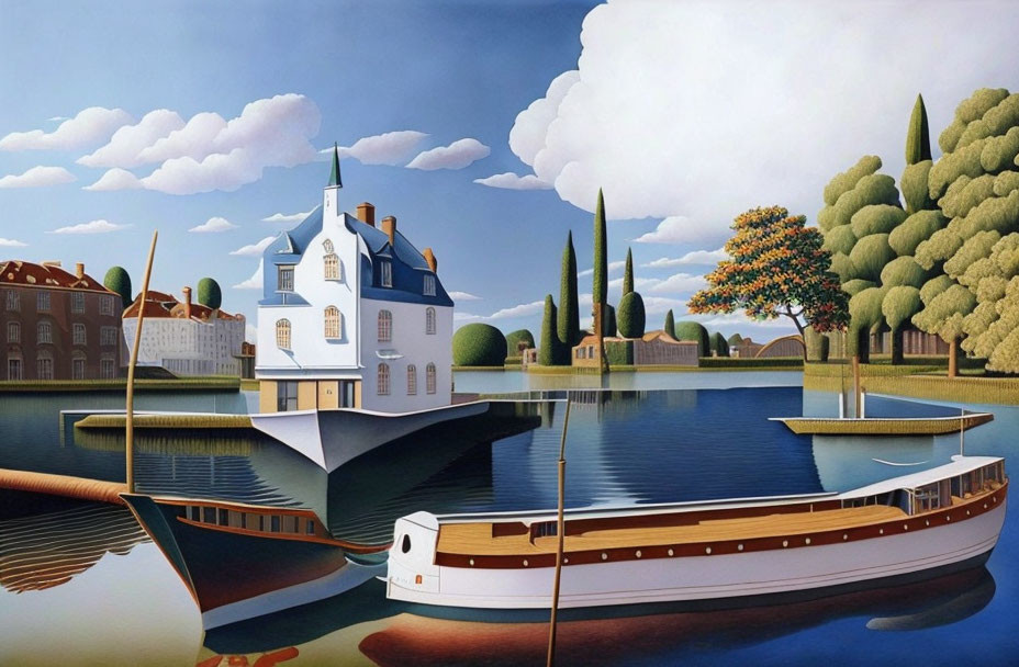 Surrealist painting of ship with house floating on calm waters