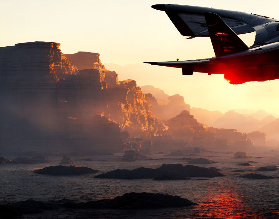 Sunset view: airplane wing, rocky cliffs, and mountain silhouettes