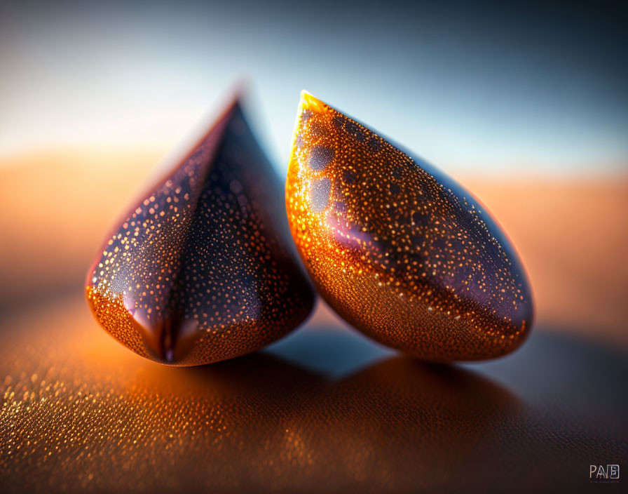 Glittery metallic teardrop objects on orange and blue backdrop