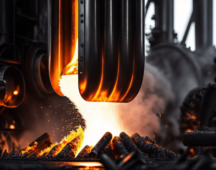 Molten metal pouring into foundry with sparks and flames