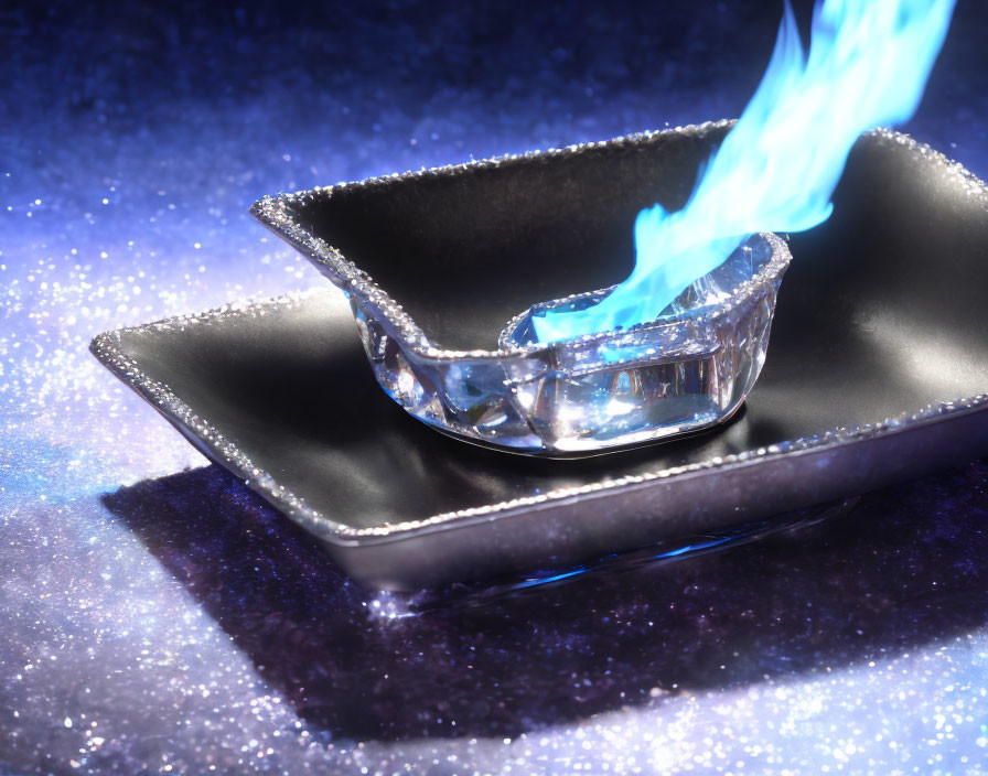 Blue Flame Crystal Ashtray on Black Plate with Glittery Dark Background