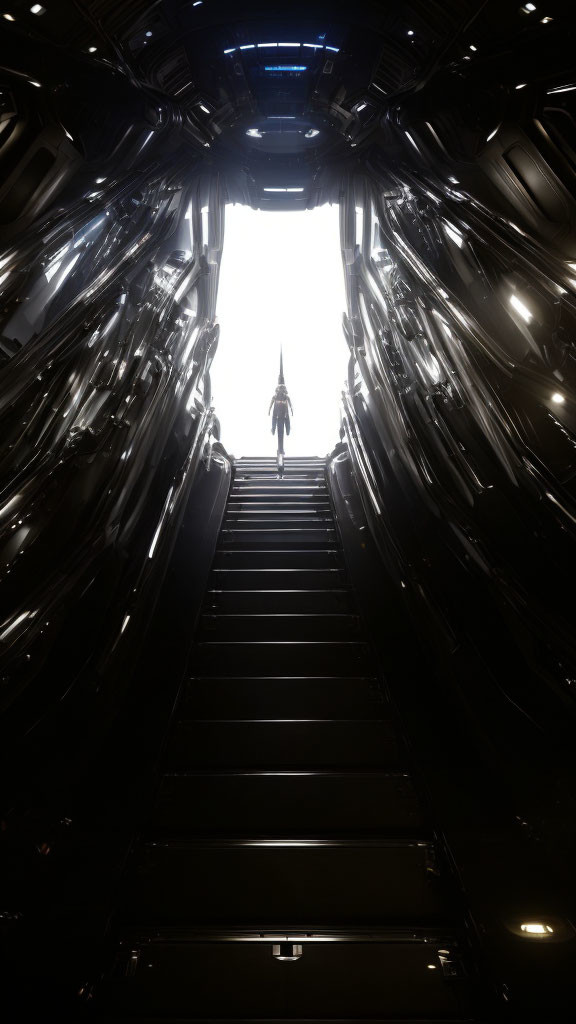 Person ascending futuristic staircase with reflective walls.