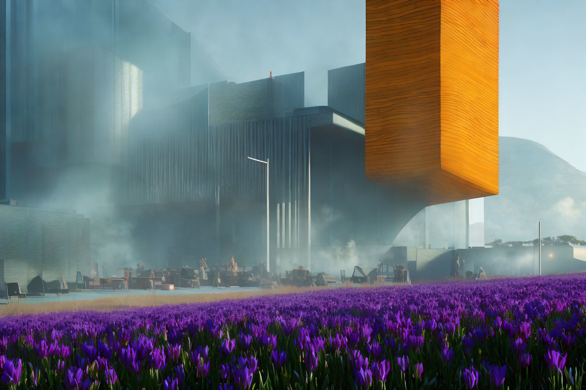 Futuristic metallic building overlooking purple flower field