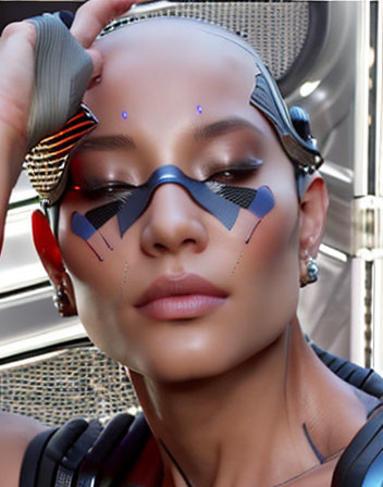 Futuristic makeup and attire with metallic adornments on head and face