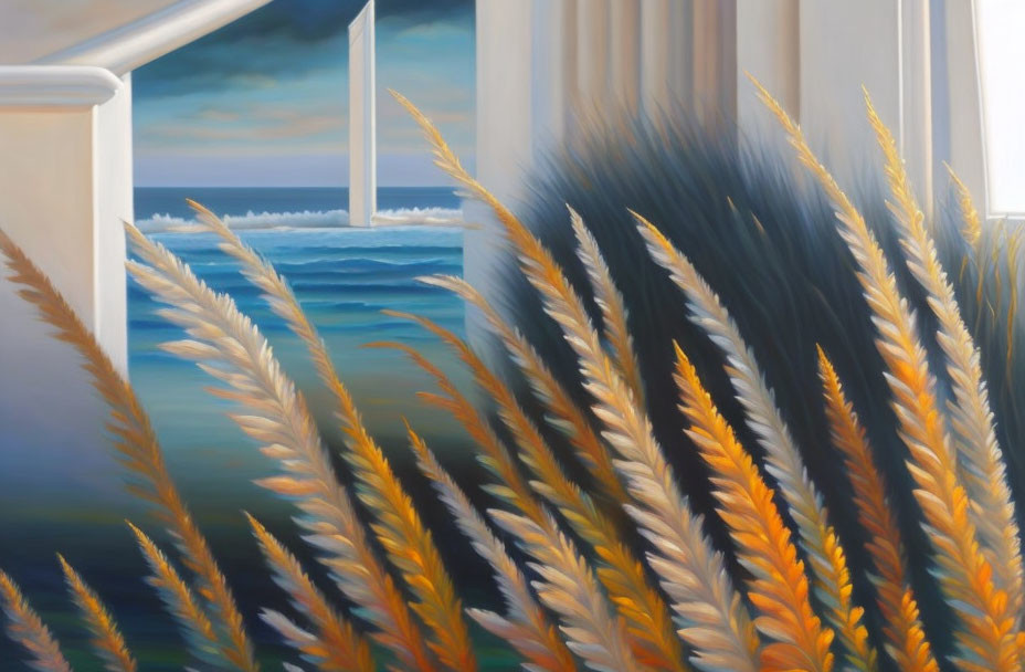 Scenic painting of golden grasses, ocean, and sailboat under soft sky