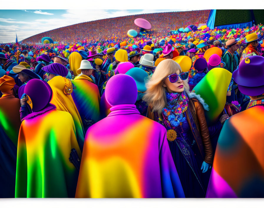 Colorful Cloaked Figures with Woman in Sunglasses and Flower Necklace