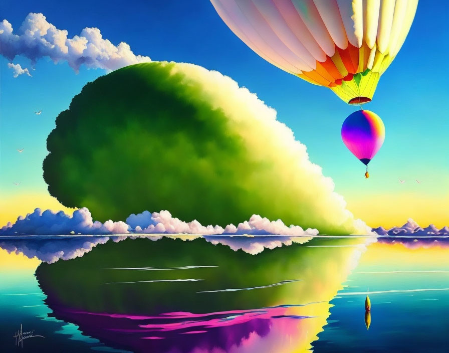 Colorful hot air balloons over serene lake with vibrant clouds and tree-shaped island