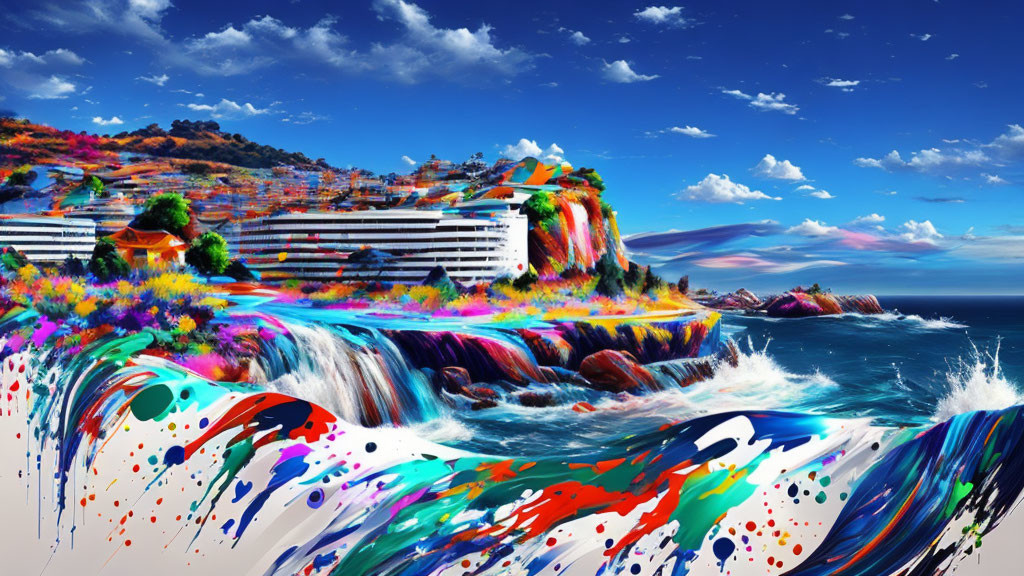 Colorful cityscape on cliff with psychedelic waterfall and paint ocean.