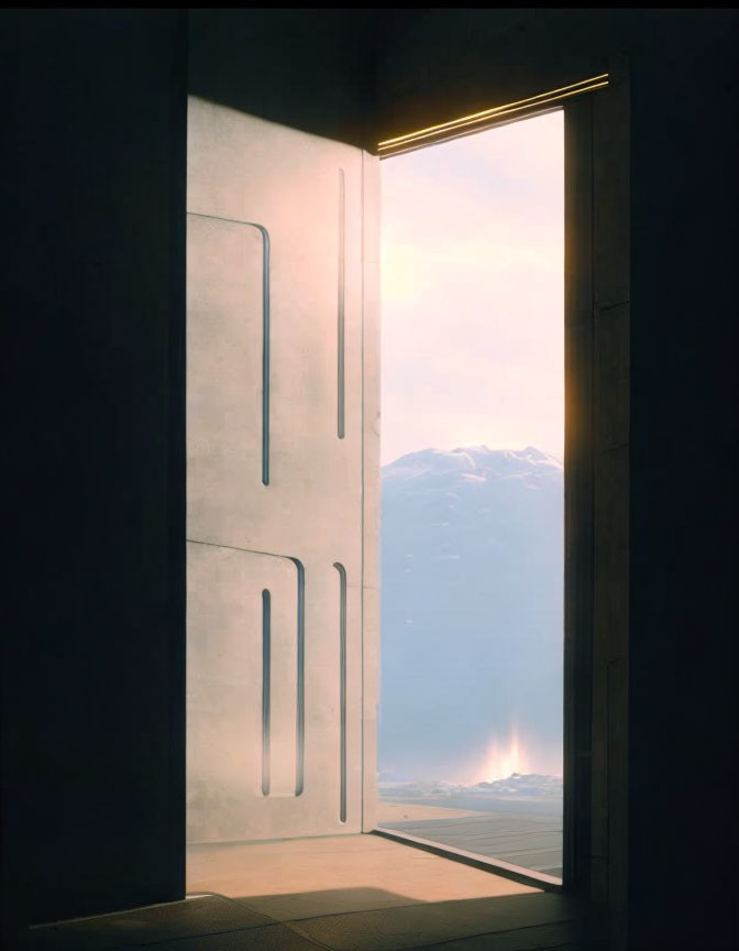 Futuristic door reveals mountain landscape with rocket launch in distance