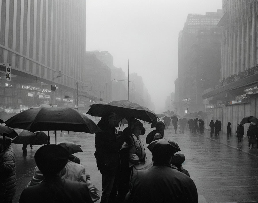 Grayscale cityscape with pedestrians and umbrellas on a foggy day