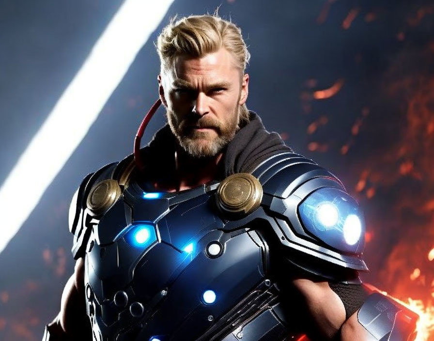 Bearded man in futuristic armor with intense gaze and illuminated blue elements.