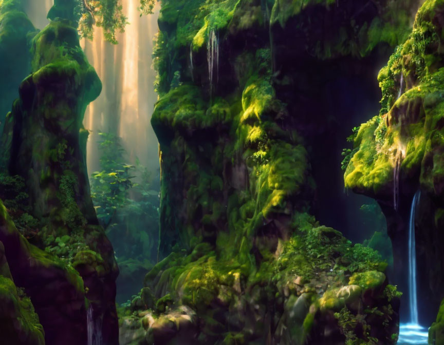 Misty forest canopy with vibrant green moss and waterfalls