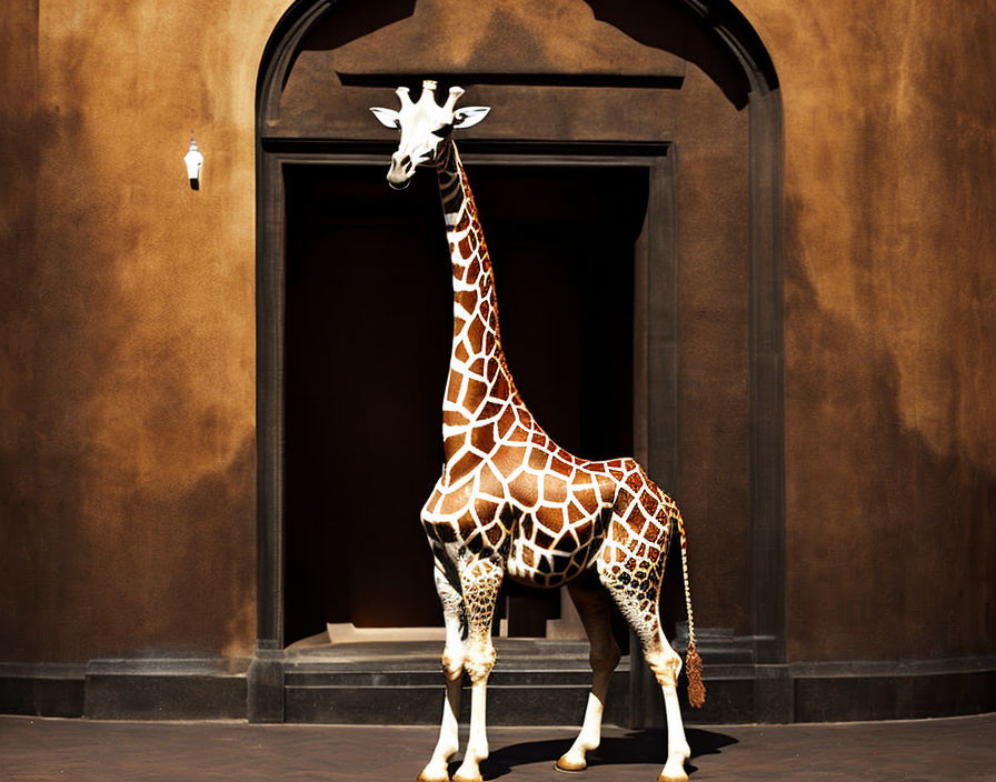 Tall giraffe in sunlight with shadow on arched doorway