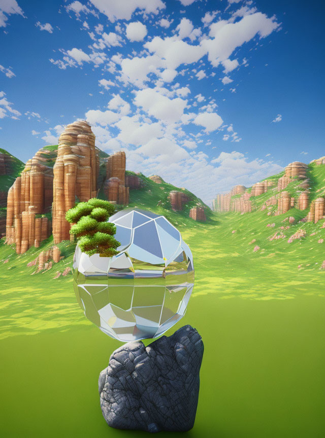 Small tree terrarium against lush green hills and blue sky