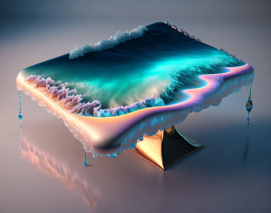 Surreal image of table with ocean wave design on reflective surface