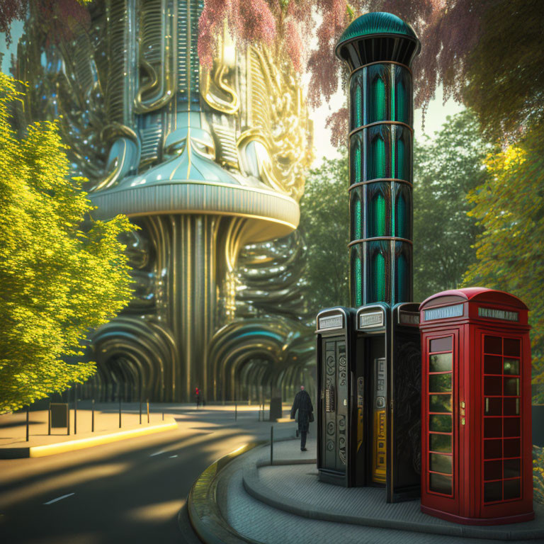 Futuristic cityscape with lush trees, person walking, phone booths, and modern, organic structures