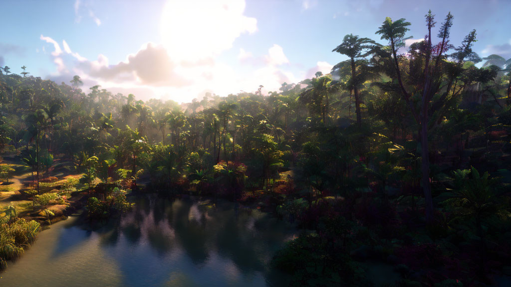 Tranquil tropical forest at sunrise with lush greenery and serene river