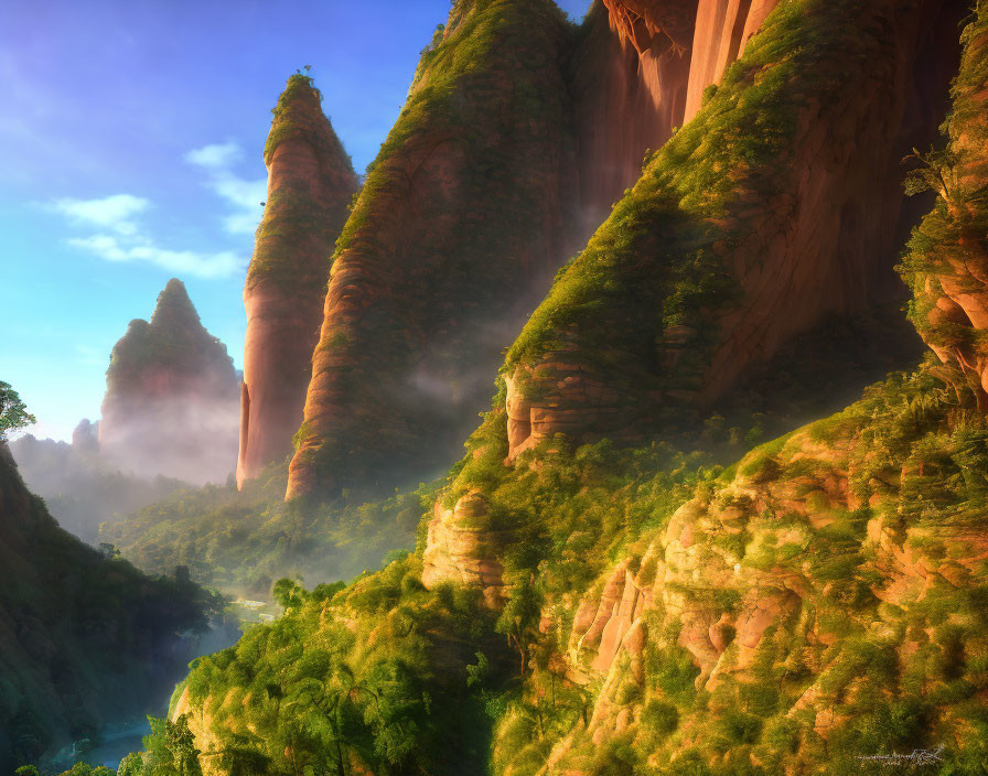 Majestic rock formations in lush greenery with soft sunlight and mist.