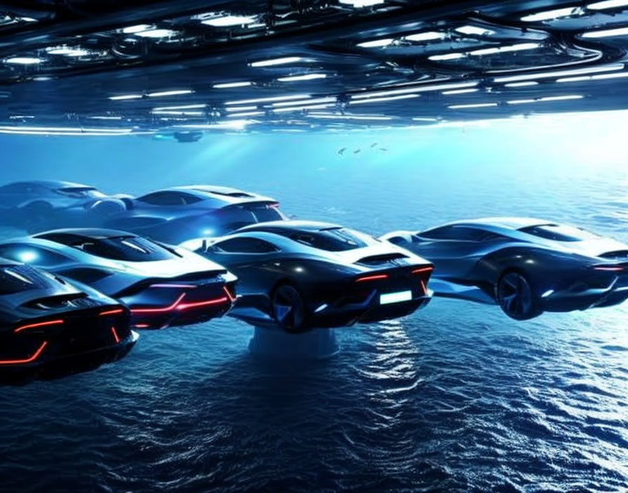 Sleek futuristic flying cars over reflective ocean and blue sky