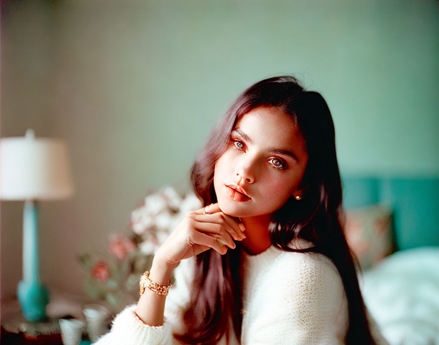 Dark-haired woman in white sweater gazes thoughtfully at the camera