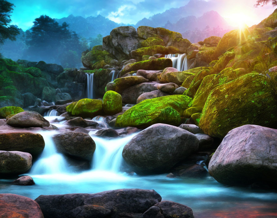 Tranquil Waterfall Over Mossy Rocks in Mountainous Landscape